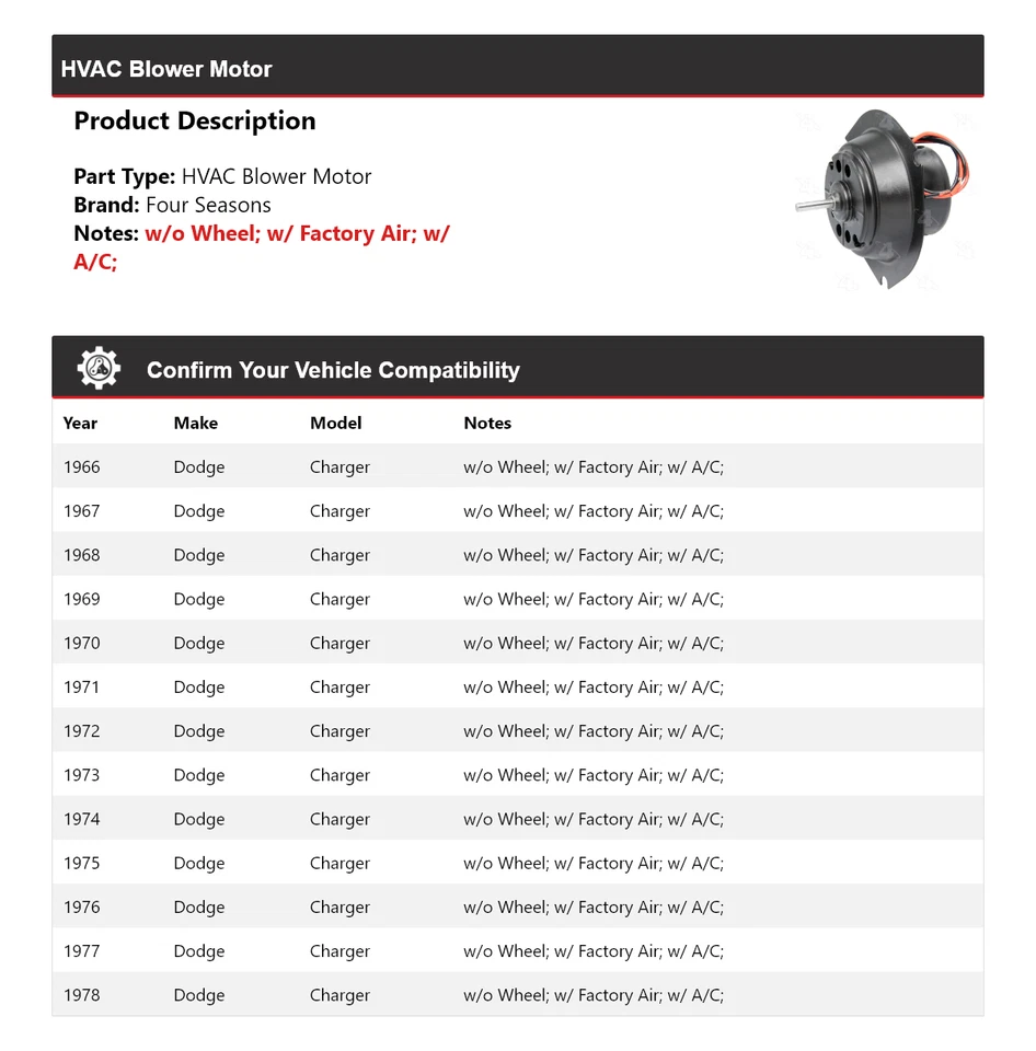 Motor soplador de climatización para Dodge Charger 1966-1978 4 estaciones 1967 1968 1969 1970 1971 Foto 2 de 4