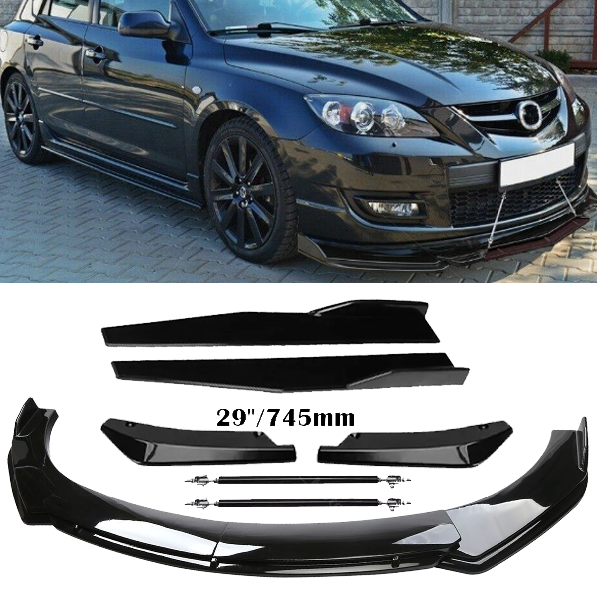 Mazda 3 Hatchback Front Rear Bumper Lip Spoiler & Side Skirt Body Kit