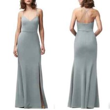 Jenny Yoo Collection Gray Reese Formal Strappy Maxi Dress Side Slit Womens 8