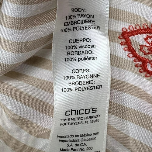 CHICOS Womans tan/white striped red accent embroidered button down Top Sz Small - Picture 8 of 8