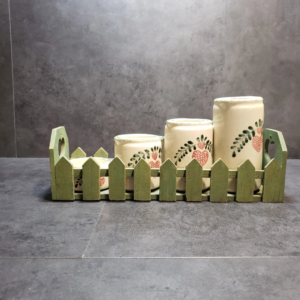 Tazas medidoras de cerámica vintage con estante de madera años 80 Foto 2 de 4