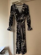 Red Leaf Women’s Black/Blue Palm Tree Long Dress V Neck Long Sleeves Size Small