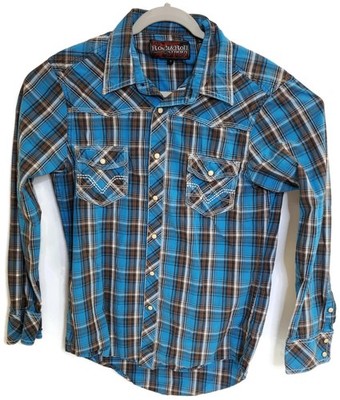 Rock & Roll Cowboy Shirt Mens Small Blue Brown Plaid Western Pearl Snap Rodeo