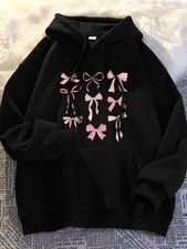 Women's Black Hooded Sweatshirt with Pink Bow Graphic Print - Casual Pullover, S