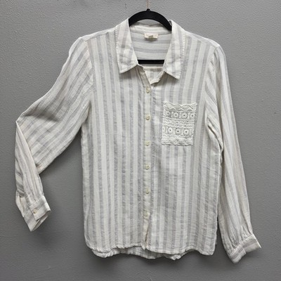 Hem & Thread Shirt Womens Small White Gray Striped Button Down Lace Pocket Top