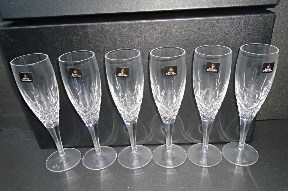 6 x Royal Doulton Crystal Boxed Dorchester Champagne Flutes 22 cm Labels Signed - Image 3 of 4