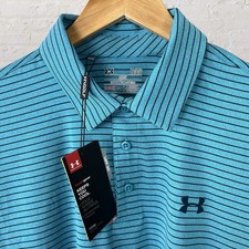 Under Armour Performance Polo Blue Striped Golf Short Sleeve UPF 30 Mens Large
