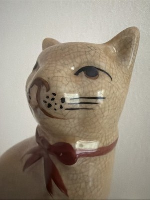Vintage Staffordshire Style Cat with Red Bow & Wry Smile