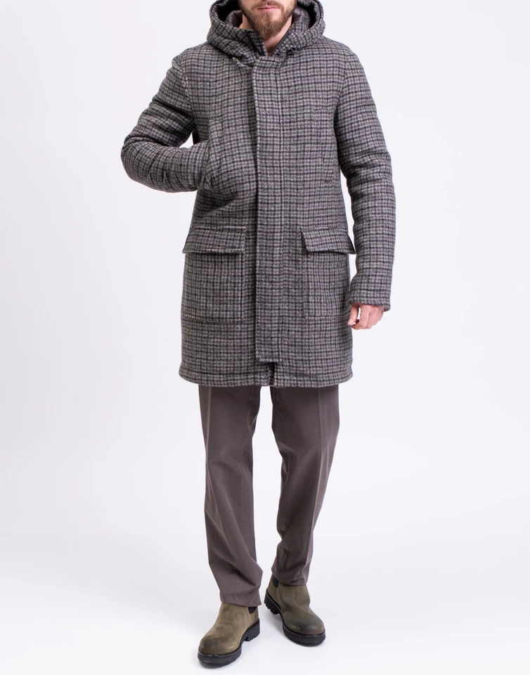 RRP€2105 HERNO Wool Coat IT50 US40 L Grey Houndstooth Hooded Made in Italy - Image 2 of 4