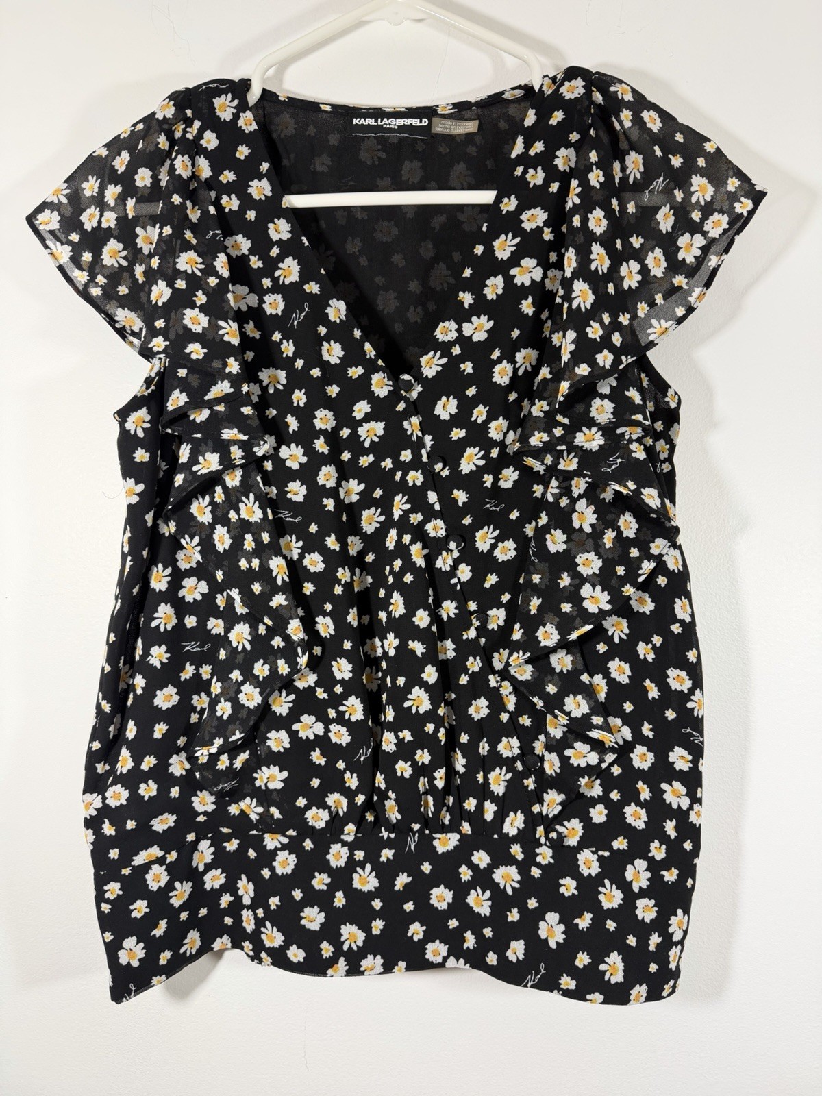 Karl Lagerfeld Paris Women's Top Lightweight Flutter Sleeve  Black Floral Print