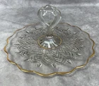 Jeanette Glass Feather Center Handle Sandwich Tray Tidbit Cookie Gold Trim