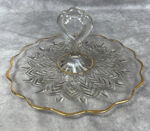 Jeanette Glass Feather Center Handle Sandwich Tray Tidbit Cookie Gold Trim