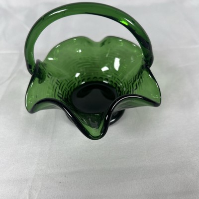 Fento Glass Basket W/ Handle Ruffle Rim Art Glass Decorative Collectable Green