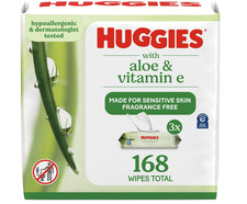 Huggies Baby Wipes Aloe Vitamin E, UNSCENTED, 3 Flip-Top Packs, 168 Count