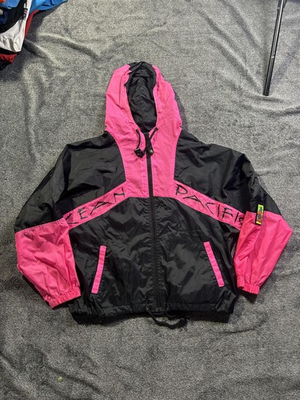 #ad Vintage Ocean Pacific Jacket Mens Large Black Pink Nylon Hooded Windbreaker 90s $49.99