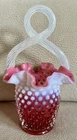 Fenton Cranberry Hobnail Art Glass Basket w/ Handle Round 8in