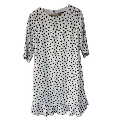 Sosandar Ivory Polka Dot Shift Dress Size 10 Ruffle Hem Lined Polyester Womens