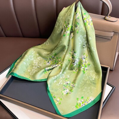 100% Silk Small Square Scarf – Women's Floral Neckerchief, Green & Red, WS353