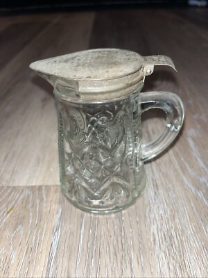 VTG Anchor Hocking Glass Pineapple Pattern Syrup/Creamer w/Lift Up Metal Lid