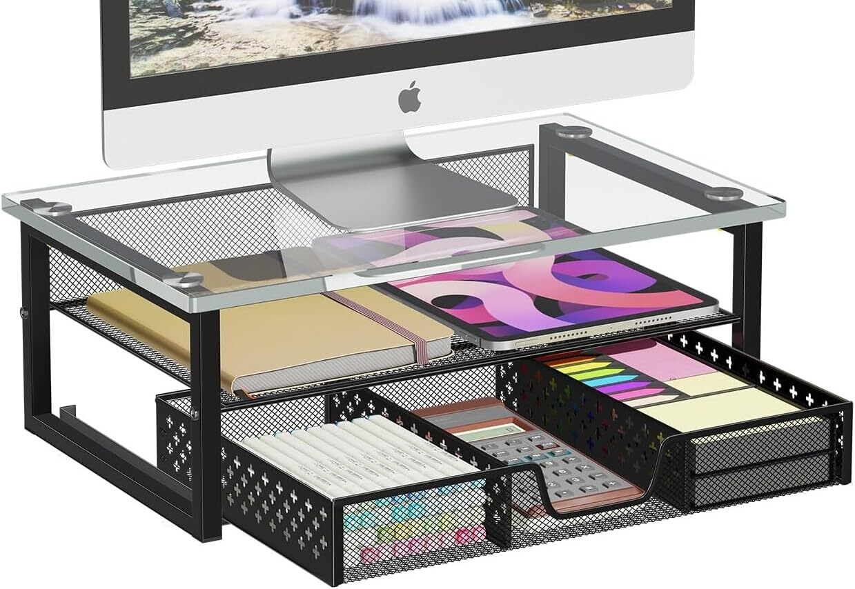 Monitor Stand Riser Tempered Glass, 2 Tier Metal Computer Desk Organizer with...-image