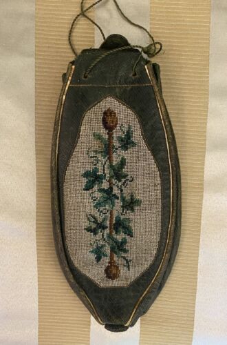 Authentic Regency/Georgian Green Leather Beaded Accordion Purse Reticule Rarest!