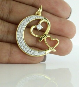 Authentic 1.24 Ct Round Cut Real Moissanite Heart & Moon Pendant Yellow Gold Plated