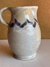 Vintage Stoneware Vase Pottery Cobalt Decorated Pitcher W Handle 7" Signed