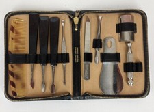 Vtg West Germany Mens Grooming Kit~Leather Zip Case~Safety Razor~Shoe Horn+9pcs
