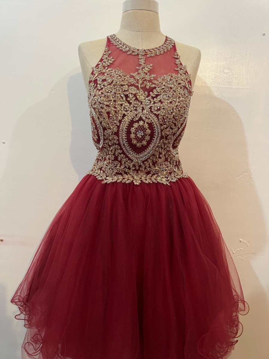 burgundy and gold dress short Girls Dress Style 7013