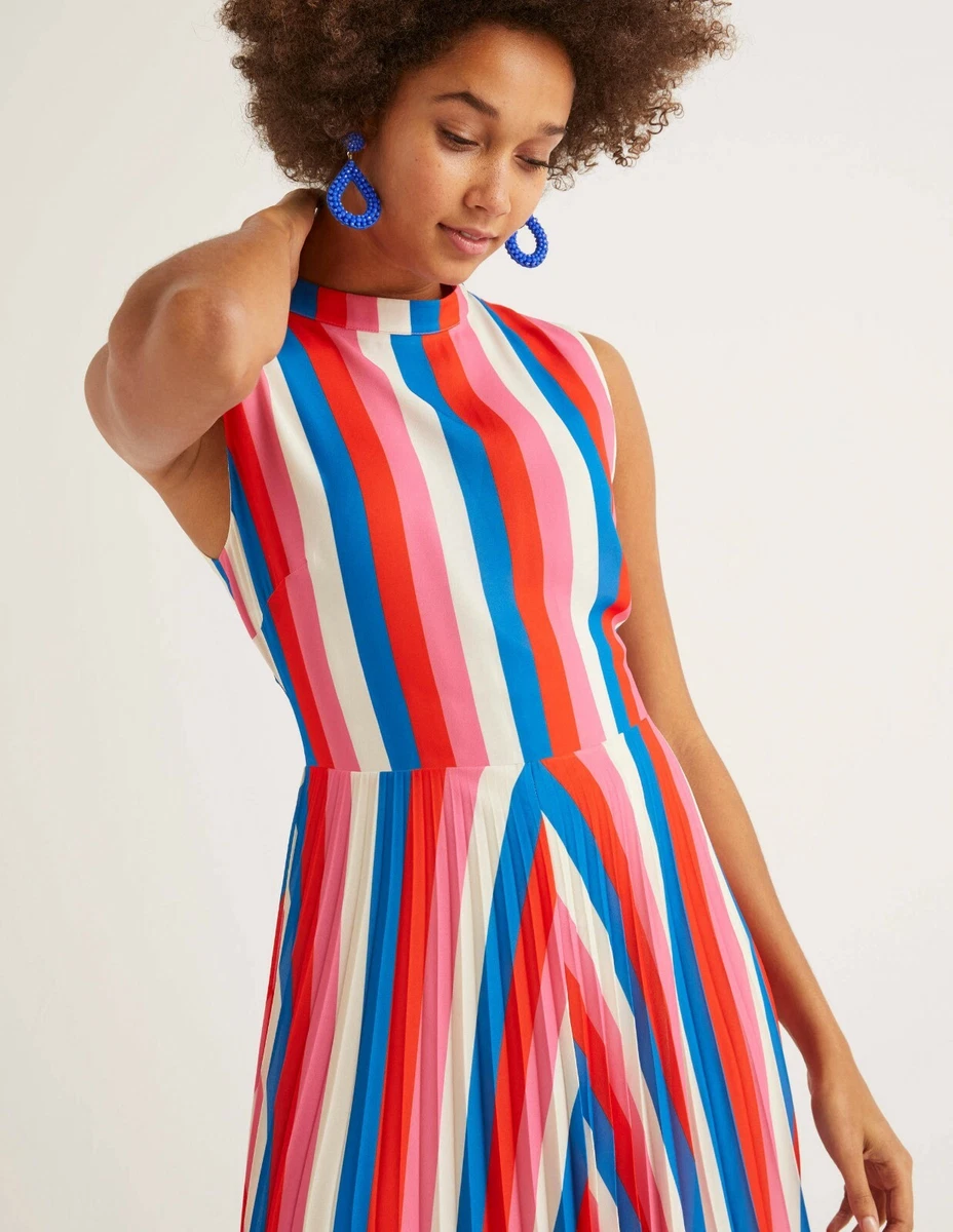 Boden Jocelyn Pleated Midi Dress-Bold Blue u0026amp; Camellia Stripe-WO551-Size  18-ULW | eBay