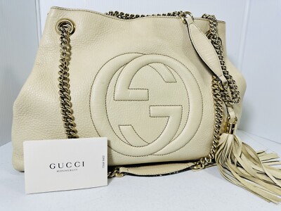 GUCCI Soho Beige Leather GG Logo Shoulder Bag with Gold-Tone Strap Chains