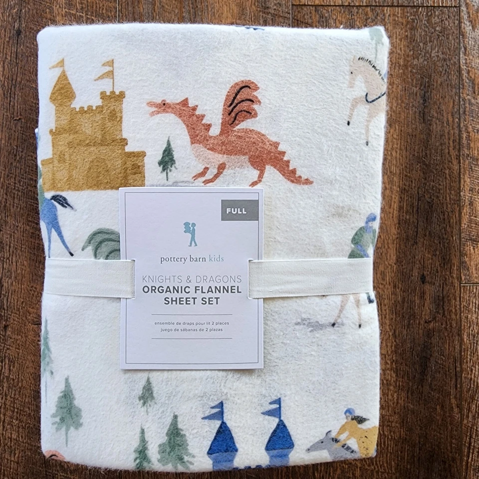 Nuevo Juego de Sábanas Completas Orgánicas Pottery Barn Kids Caballeros y Dragones, Franela Foto 3 de 4