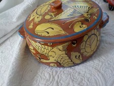 Mexican Fantasia Folk Art Yellow Bird Pottery Casserole butterfly vintage