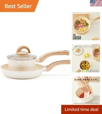 3-Piece Non-Stick Ceramic Pots and Pans Set with Ergonomic Handles, Bright Cream