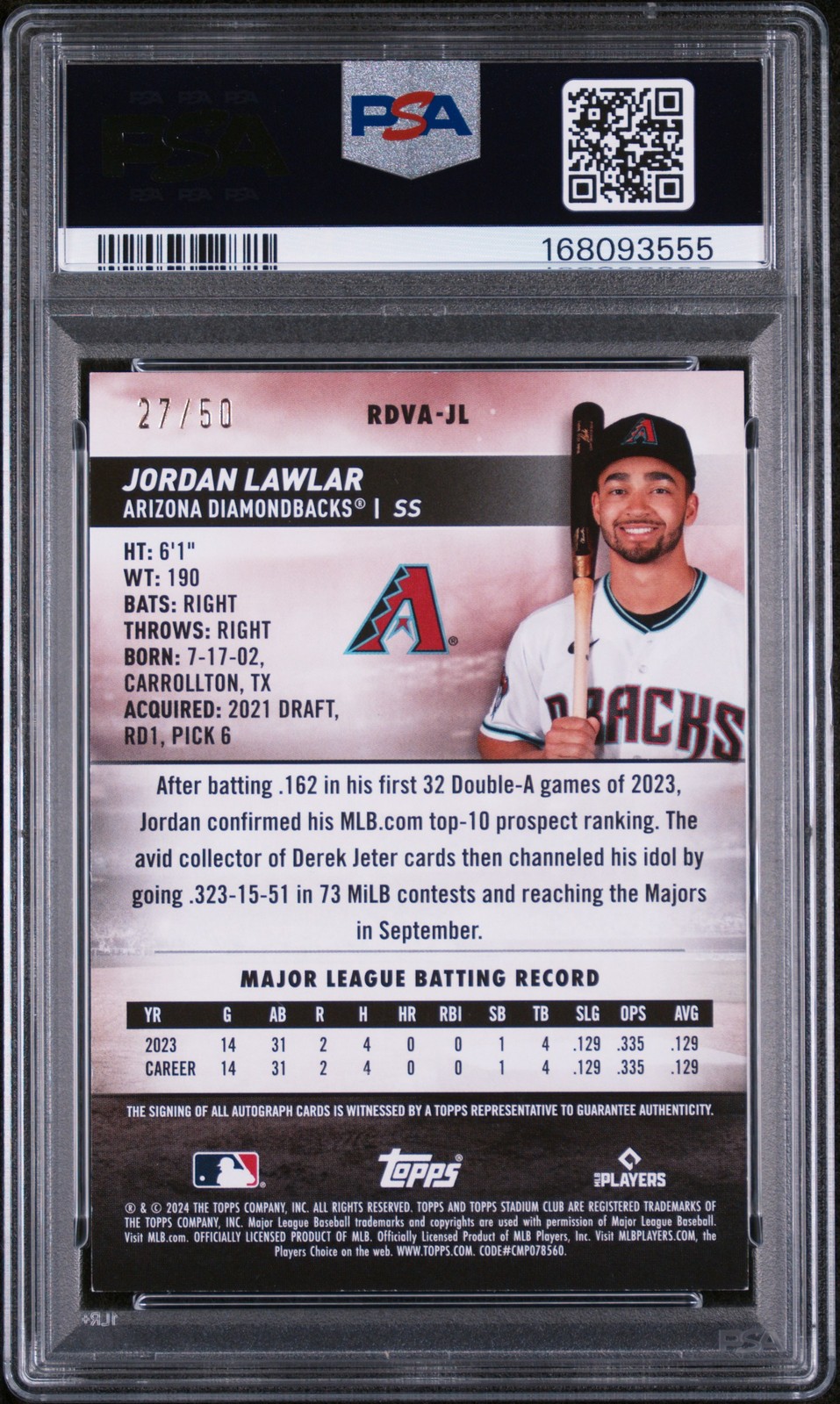 2024 TOPPS STADIUM CLUB ROOKIE DESIGN VARIATION AUTO JORDAN LAWLAR RC /50 PSA 8 view 2