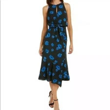 NWT Derek Lam 10 Crosby Blue Floral Sleeveless Midi‎ faux wrap belted Dress