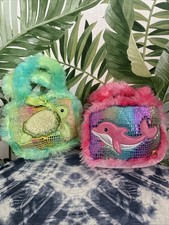 Lot of 2 Aurora Pink Dolphin and Green Turtle Plush Stuffed Animal and Purse