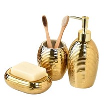 Gold Bathroom Accessory Set - 3 Piece Striped Style Decorative Ceramic Bathro...