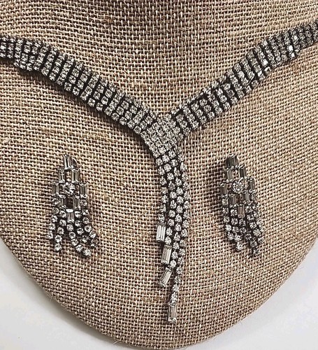 Vintage Dangle Necklace & Earrings White Rhinestones - Picture 7 of 14