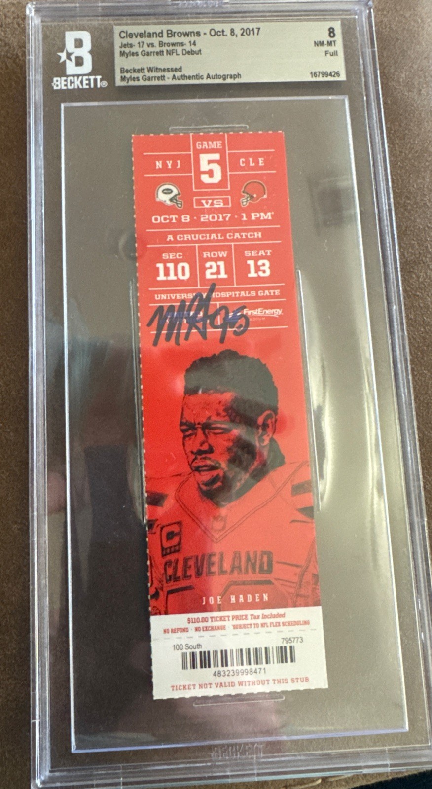 Myles Garrett Autographed Signed Cleveland Browns 2017 NFL Debut Ticket Browns Jets 10/8/17 BAS 8 Auto 10 