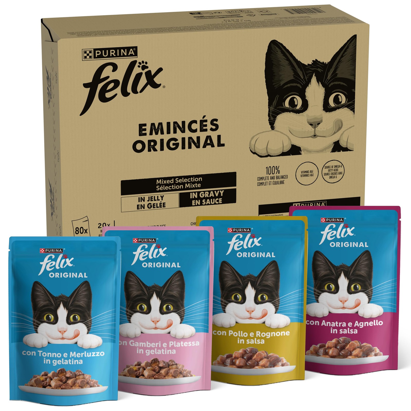 Mix FELIX Original Gatti 80 Pezzi - Tonno, Gamberetti, Pollo, Anatra