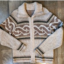 Vintage Handmade Cowichan Style Wool Knit Zip Cardigan Oversized Med Sweater 70s