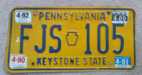 1992 Pennsylvania License Plate FJS-105 - KEYSTONE STATE