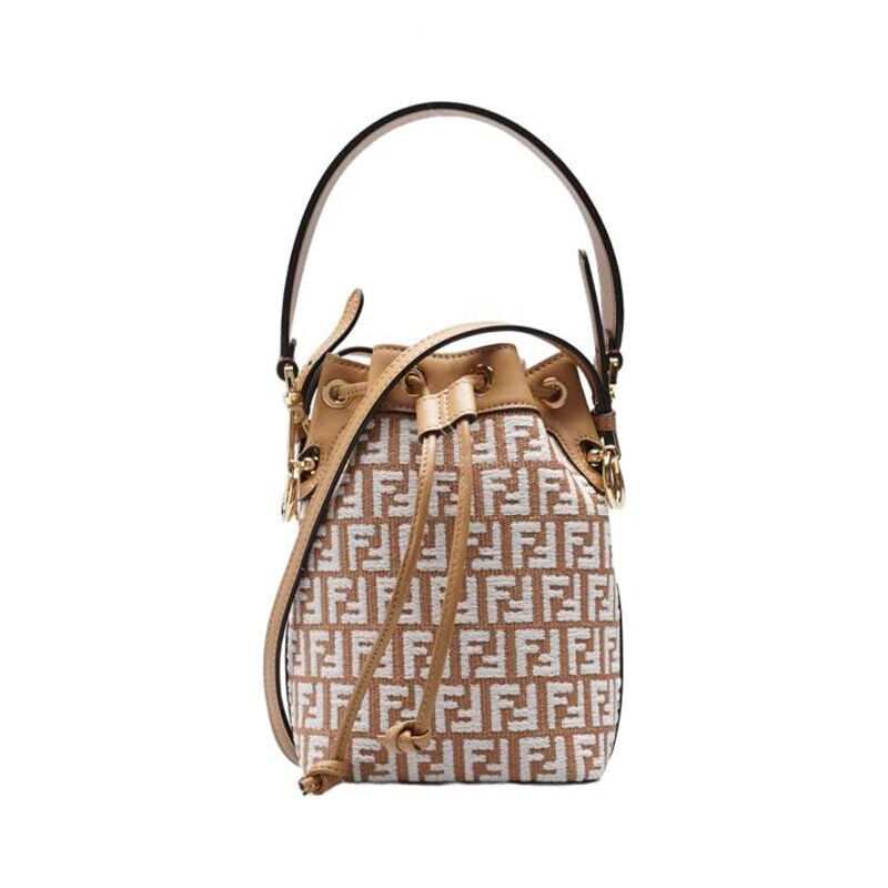 Borsa a secchiello donna Fendi cammello pelle di vitello FF logo Montresor mini 8BS010
