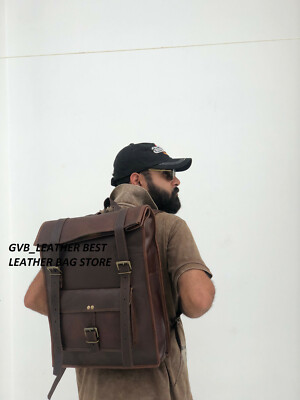 Hommes Cuir Véritable Vintage Sac à Dos Ordinateur Portable Roll Femmes  Marche