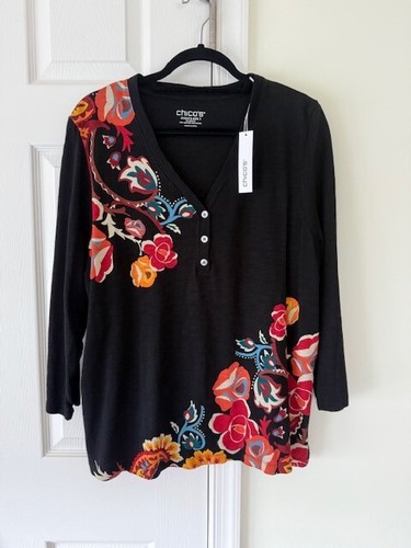 Chico's Size 3 XL Black Lightweight Top V Neck Vibrant Floral Accents - NWT