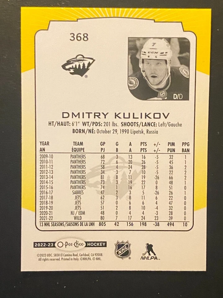 Dmitry Kulikov 2022-23 O-Pee-Chee Yellow Borders #368 Minnesota Wild - Image 2 of 2