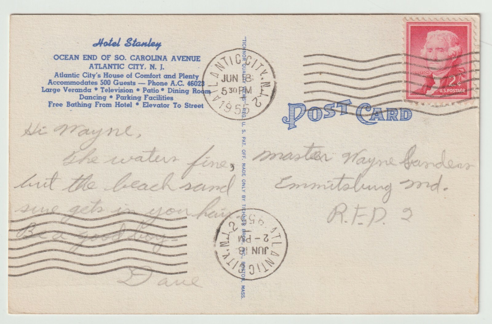 1955 Postmarked Postcard Hotel Stanley Atlantic City New Jersey NJ 4 ...