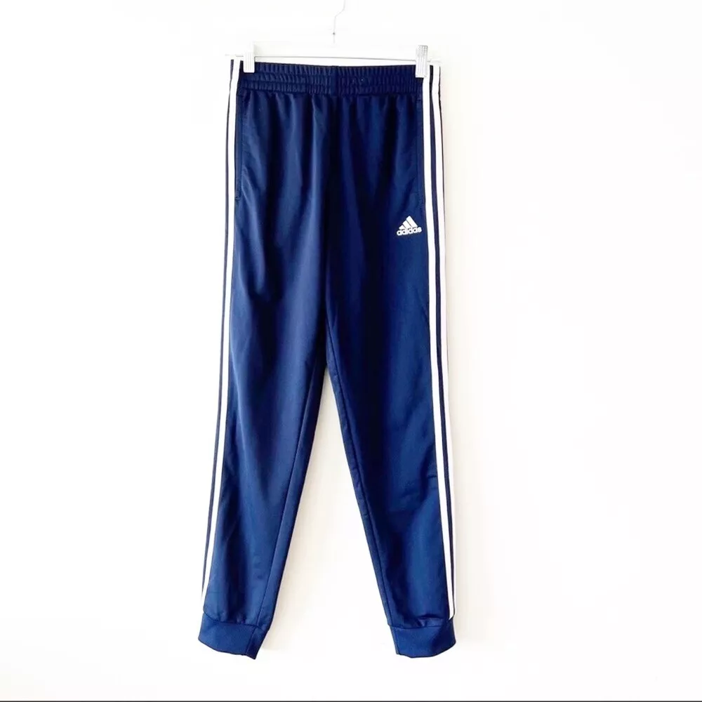Adidas Navy Blue Track Pants Size L 14/16 White Stripe Soccer Sports