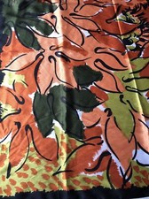 New Vintage Orange Green Abstract Leaves Flowers 30 Square Scarf Made in Italy